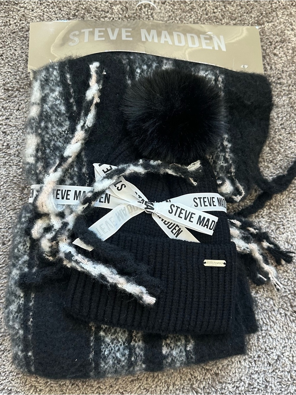Steve Madden Black Pom Beanie and Matching Black/White Patterned Scarf Set